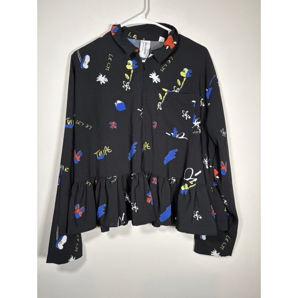 COLLUSION Quarter Zip Peplum Top Black Y2K 90s Artsy Floral Boxy Ruffle Size 6